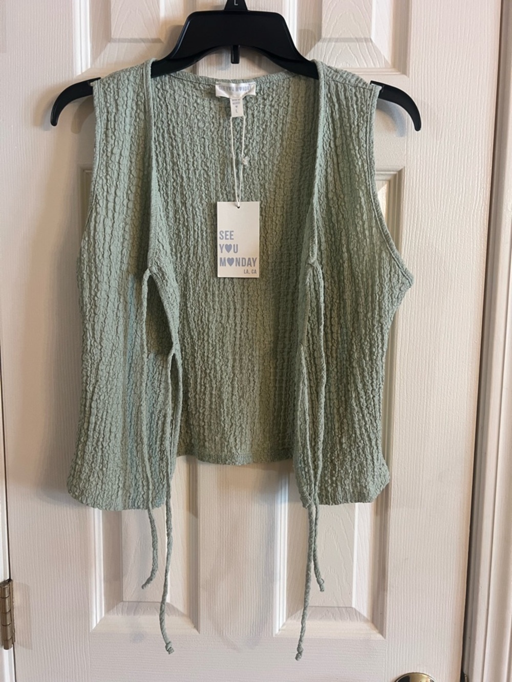 See You Monday Sage Green Textured Tie-Front Tank Top - Picture 4 of 5